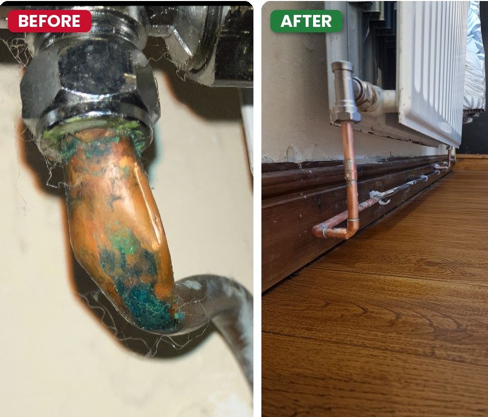Before and after: leaking, corroded radiator pipework replaced with new copper pipe and valve, Cheltenham